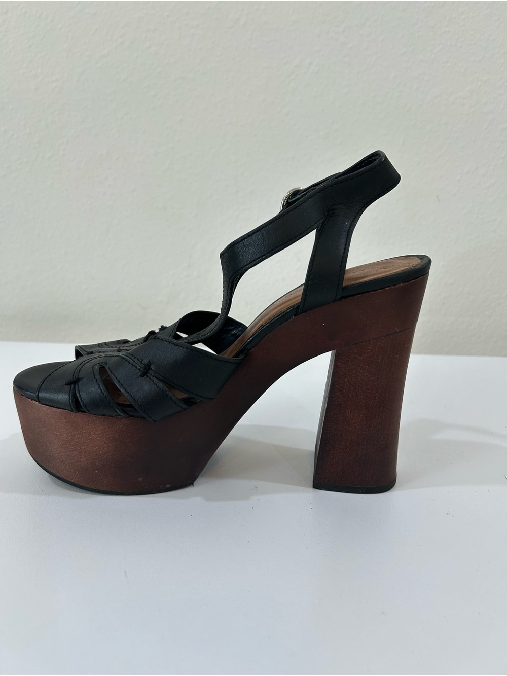 Zara Woman Black Leather Platform Sandals with Wood Block Heel, Sz EU 37, US 6.5
